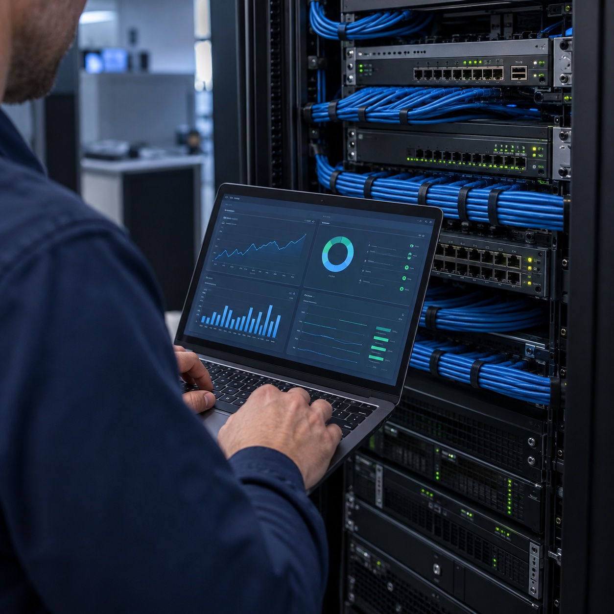 Illustration of an IT technician monitoring network systems beside a server rack