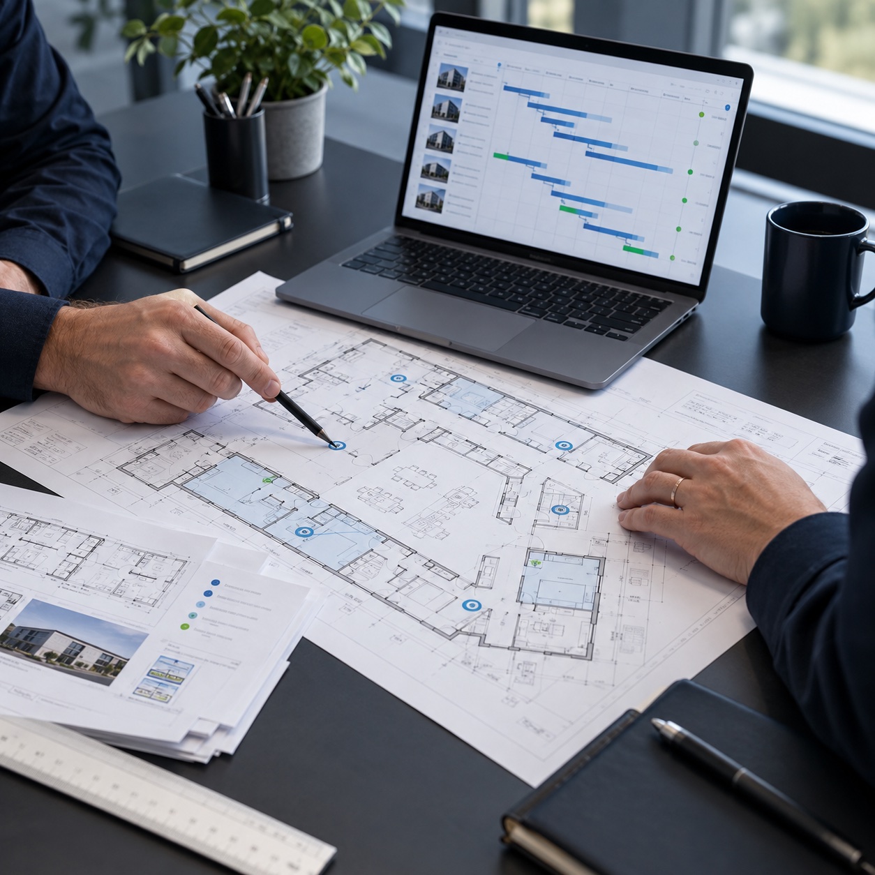 Illustration of a project team reviewing site plans and a rollout schedule